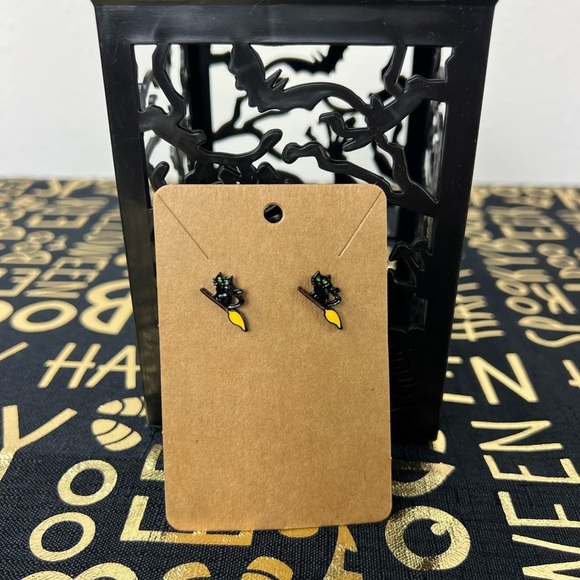 Halloween Stud Earrings - Cat on a Broomstick - Picture 3 of 3